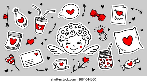 Juego de pegatinas dibujadas a mano de los doodles de amor con cupido, corazones, carta de amor, retretes de flores. Ilustración vectorial. Diseño para impresiones, tarjetas, etiquetas, etiquetas. Colección temática del día de San Valentín.