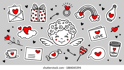 Cute hand drawn set of Love doodles  stickers with cupid, hearts, love letter, flower ets. Vector illustration. Design for prints, cards, tags, labels. Valentine's day theme collection.