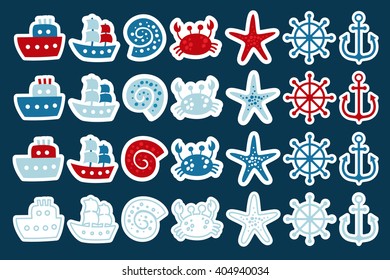 Cute Hand Drawn set marine theme design. For birthday, anniversary, party invitations, scrapbooking, T-shirt, cards. Vector illustration. 