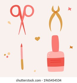 Cute hand drawn set with nail polish, scissors, nail file, tweezers. Stylized clipart set about beauty care for hands and nails, with products and cosmetics for manicure. Isolated on background.