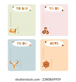 Cute hand drawn set with notebook templates for to do, to buy list, note with cowboy and western illustrations. Printable, editable diary elements for weekly planner, bullet journal, school schedule.