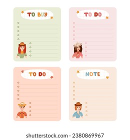 Cute hand drawn set with notebook templates for to do, to buy list, note with cowboy and western illustrations. Printable, editable diary elements for weekly planner, bullet journal, school schedule.