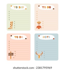 Cute hand drawn set with notebook templates for to do, to buy list, note with cowboy and western illustrations. Printable, editable diary elements for weekly planner, bullet journal, school schedule.