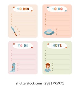 Cute hand drawn set with notebook templates for to do, to buy list, note with cowboy and western illustrations. Printable, editable diary elements for weekly planner, bullet journal, school schedule.