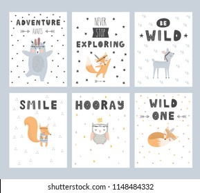 Cute hand drawn set of nursery posters with lettering in scandinavian style. Color vector illustration.
