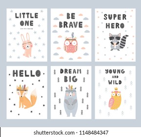 Cute hand drawn set of nursery posters with lettering in scandinavian style. Color vector illustration.
