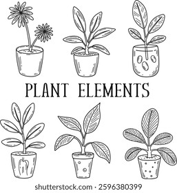 Cute hand drawn set of plants pots. Doodle vector illustration house plants for wedding design, logo and greeting card. Isolated on white background.