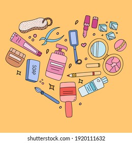 Cute hand drawn set with powder, pumice, lipstick, antibacterial soap, cream, ice cubes, cosmetic brushes, tweezers. Vector illustrations about body, hair, nail, face care and cosmetics for the beauty