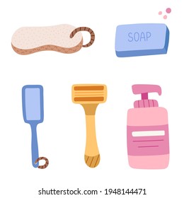 Cute hand drawn set with razor, soap with bubbles, different type of pumice, bottle with a liquid antibacterial soap or shower gel. Clipart vector illustration about body care and cosmetics for bath