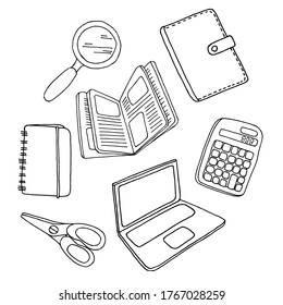 Cute hand drawn set of school subjects. Black and white vector image. Notepad, laptop, notebook, open textbook, calculator, magnifier. Isolated on white background.