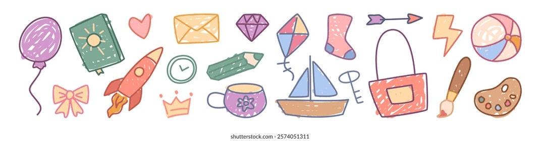 Cute hand drawn set of simple kids decorative elements. Vector balloon and rocket, book and letter, crown and diamond, pencil and brush, kite and ship, ball and lightning, sock and bag, clock and cup