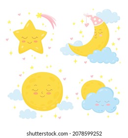 Cute hand drawn set of smiling full moon, cloud, star, crescent and sparkles. Funny sticker collection in pastel colors. Perfect for baby shower, posters, cards. Vector illustration isolated on white