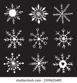 Cute hand drawn set of snowflake. Doodle vector illustration. Winter element for greeting cards, posters, stickers and seasonal design. Isolated on black background