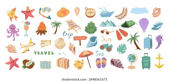 Cute hand drawn set of travel icons. Tourism and camping adventure icons. Сlipart with travelling elements, bags, transport, camera, map, palm, seashells.