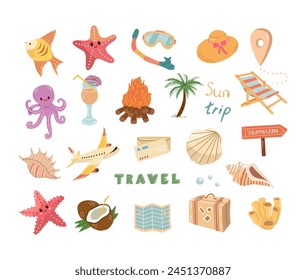Cute hand drawn set of travel icons. Tourism and camping adventure icons. Сlipart with travelling elements, transport, map, palm, seashells.	
