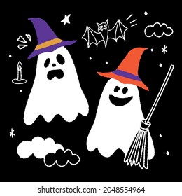 Cute Hand Drawn Set of White Ghost on Black Background. Halloween elements with Bat, Hat, Wizard, Candle, Cloud. Vector Illustration