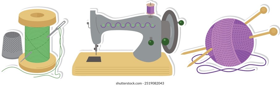 Cute hand drawn sewing and needlework stickers. Colorful ball of threads and knitting needles, sewing machine, spool of thread and a needle