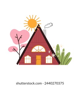 Cute hand drawn A shaped house, spring and summer season, cartoon flat vector illustration isolated on white background. Blooming pink tree, flowers and bush. Countryside, cottagecore, village.