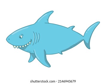 Cute Hand Drawn Shark Isolated On White Background. Good For Kids Apparel Prints, Sublimation, Cards, Posters, Stickers, Clipart, Etc. EPS 10