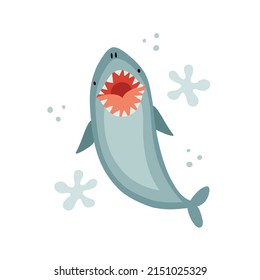 Cute hand drawn shark with open wide mouth, full of teeth. Isolated vector illustration in flat cartoon style
