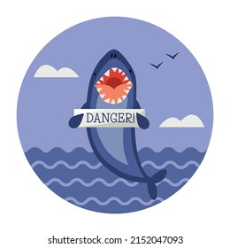 Cute hand drawn shark with open wide mouth, holding a sign with text - Danger. Circle icon isolated vector illustration in flat cartoon style