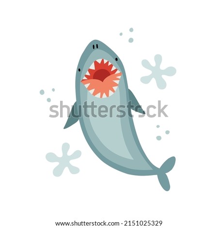 Cute hand drawn shark with open wide mouth, full of teeth. Isolated vector illustration in flat cartoon style