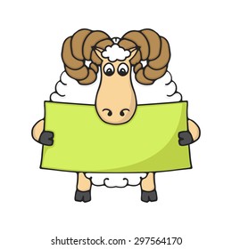 Cute hand drawn sheep with blank banner in hands isolated on the white background