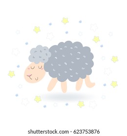 Cute hand drawn sheep in cartoon style. vector print.