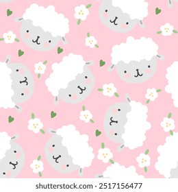 Cute hand drawn sheep on a pink pastel background with ahite flowers and green kawaii hearts seamless pattern for kids