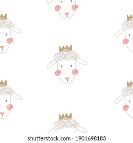 Cute hand drawn sheep. Patel vector seamless pattern with cute sheep in crown