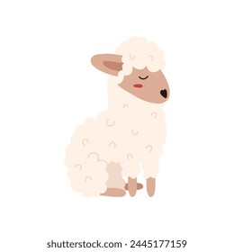 Cute hand drawn sheep sitting, cartoon flat vector illustration isolated on white background. Childish animal drawing.