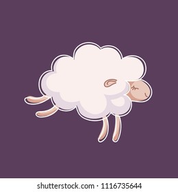 Cute hand drawn sheep with white contour on dark purple background is jumping on the night sky. Concept of baby sleep for illustrations, banners, cards or posters. Flat vector graphic. 