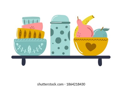 Cute hand drawn shelf with jar, dishes and bowl of fruit. Flat illustration.