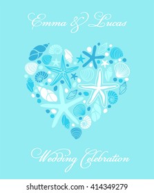 Cute hand drawn shells and starfishes in heart shape can be used as wedding card or love travel card 