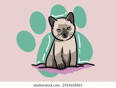 Cute hand drawn siamese cat, fluffy fur, and exaggerated features. Cute adorable big eyes kitty kitten cat