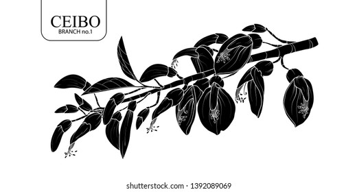 Cute hand drawn silhouette Ceibo branch set 1. Flower vector illustration in white outline and black plane on white background.