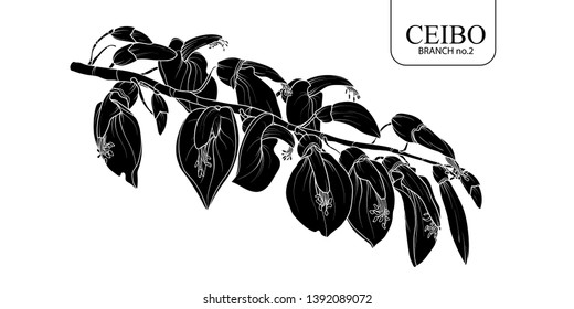 Cute hand drawn silhouette Ceibo branch set 2. Flower vector illustration in white outline and black plane on white background.