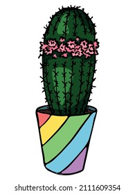 Cute hand drawn simple cactus. Houseplant in a pot. Colorful cacti illustration isolated on white background. Cozy home doodle.