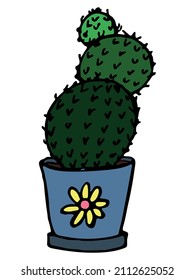 Cute hand drawn simple cactus. Houseplant in a pot. Colorful cacti illustration isolated on white background. Cozy home doodle.