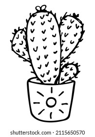 Cute hand drawn simple cactus. Houseplant in a pot. Cacti illustration isolated on white background. Cozy home doodle.