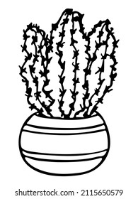 Cute hand drawn simple cactus. Houseplant in a pot. Cacti illustration isolated on white background. Cozy home doodle.