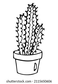 Kleiner handgezeichneter einfacher Kaktus. Hauspflanze in einem Topf. Kakteen-Illustration einzeln auf weißem Hintergrund. Gemütliches Hausdach.
