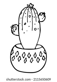 Kleiner handgezeichneter einfacher Kaktus. Hauspflanze in einem Topf. Kakteen-Illustration einzeln auf weißem Hintergrund. Gemütliches Hausdach.