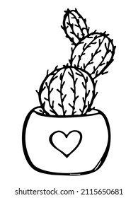 Cute hand drawn simple cactus. Houseplant in a pot. Cacti illustration isolated on white background. Cozy home doodle.