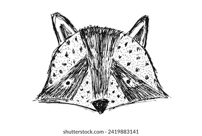 Cute hand drawn sketch black and white raccoon face illustration. Childish drawing wild skunk character for kids print design, logo, sticker