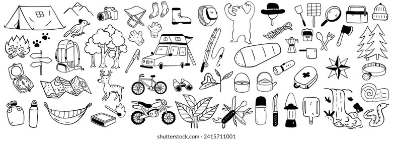 Cute hand drawn sketch design, doodle illustration set. Camping, hiking, wild adventure equipment. Outline, linear, thin line art, black and white ink drawing.