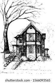 Cute hand drawn sketch house. Ink drawing vetor illustration, perfect for cards, posters, decorations and design