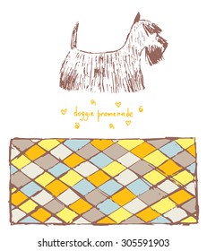 Cute hand drawn sketch scottish terrier dog card, brochure, banner with text space