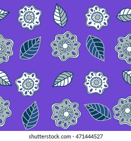 Cute hand drawn sketch. Vector seamless pattern of stylized floral motif, hole, spots, flowers, doodles on colored background.