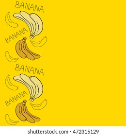 Cute hand drawn sketch. Vector seamless pattern of vertical stylized banana motif with text banana on colored background.